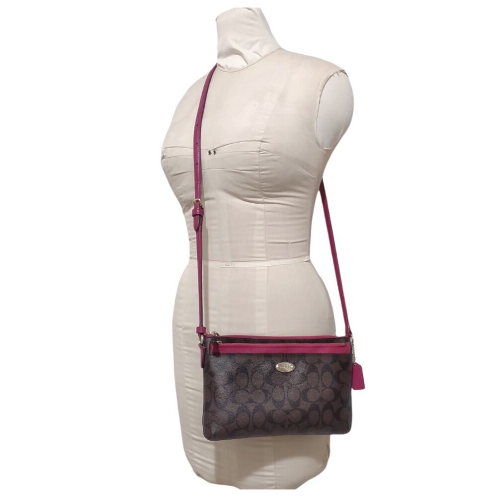 COACH Brown Leather Crossbody Bag with Fuchsia Contrast and Extra Removeable Bag